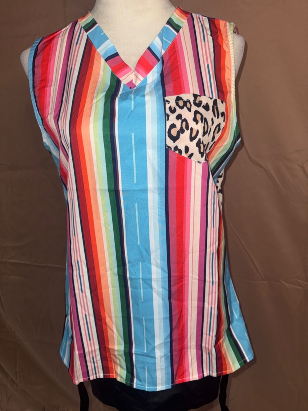 NWT Colorful Striped V-Neck Tank with Leopard Pocket